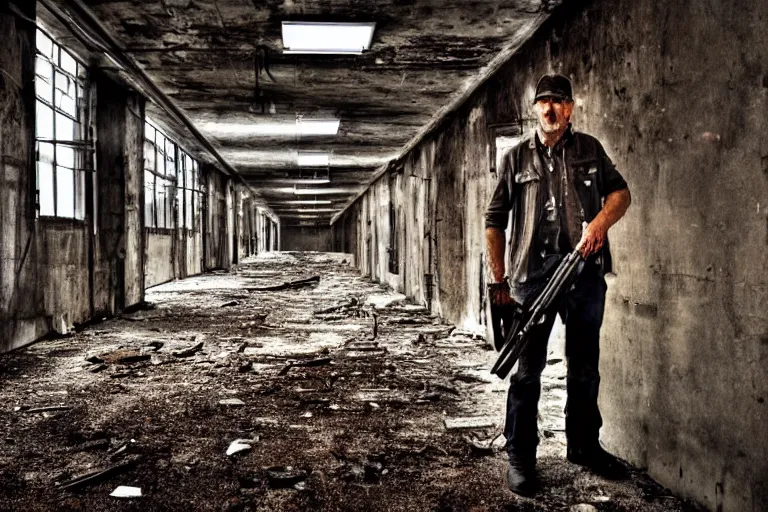 Prompt: man with shotgun in an abandoned industrial complex, intricate details, cinematic, wide angle