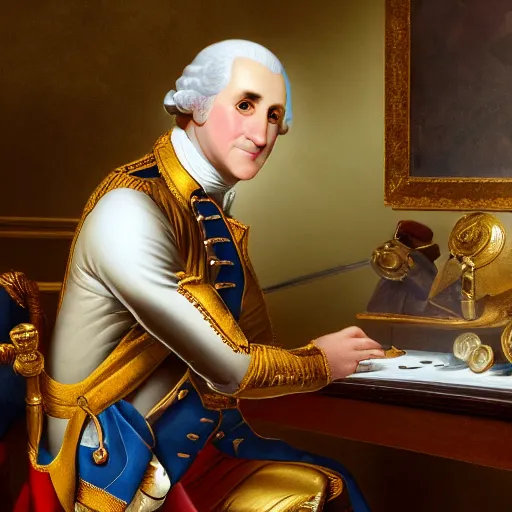 Image similar to a closeup photorealistic photograph of a happy George Washington inspecting small gold Doubloon coins at his home on Cherry Street. This 4K HD image is Trending on Artstation, featured on Behance, well-rendered, extra crisp, features intricate detail and the style of Unreal Engine.