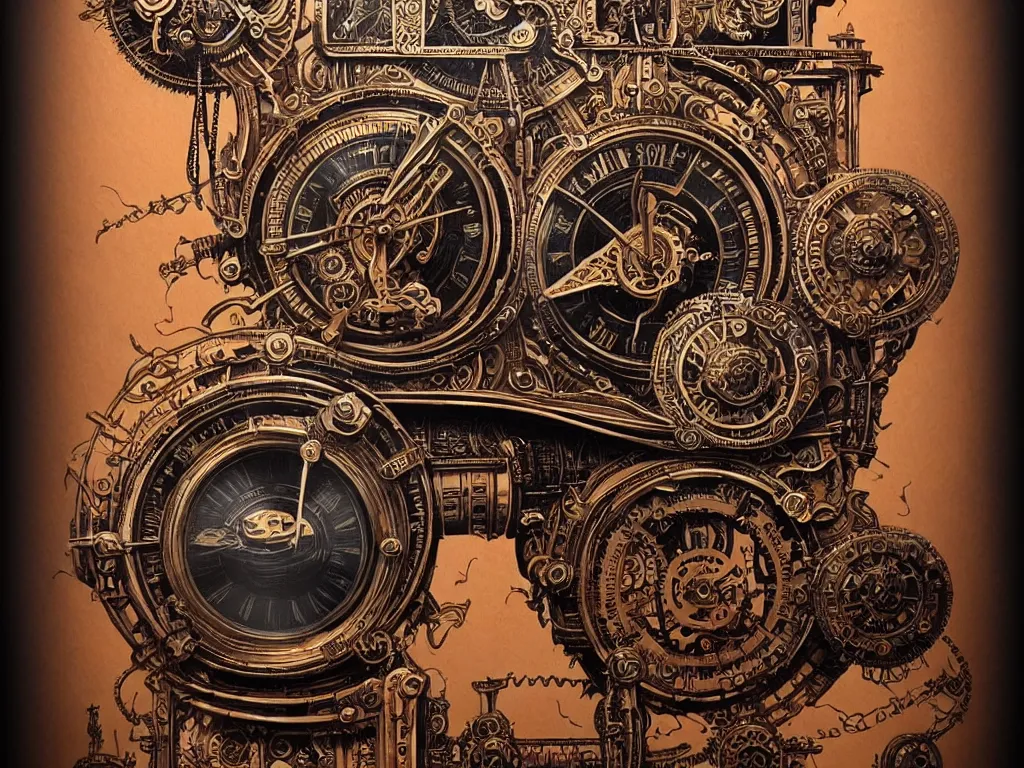 Image similar to ornate steampunk time machine, high details, intricately detailed, by vincent di fate, inking, lineart, 3 color screen print, masterpiece, trending on artstation,, sharp, details, hyper - detailed, hd, 4 k, 8 k