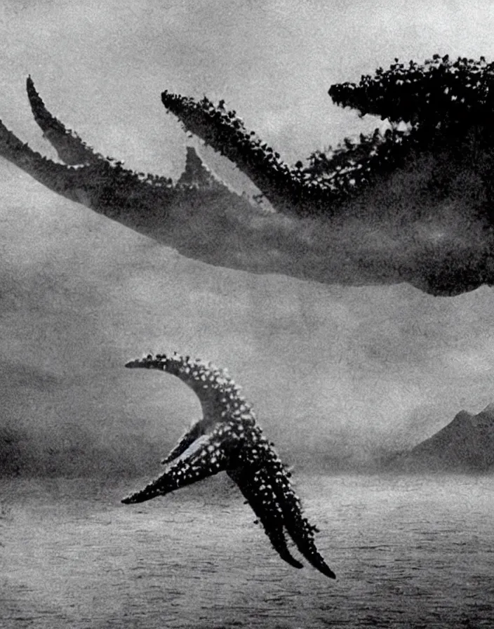 Image similar to a filmstill of a north korean monster movie, kaiju - eiga monster starfish - like trampling a traditional korean palace, foggy, film noir, video compression