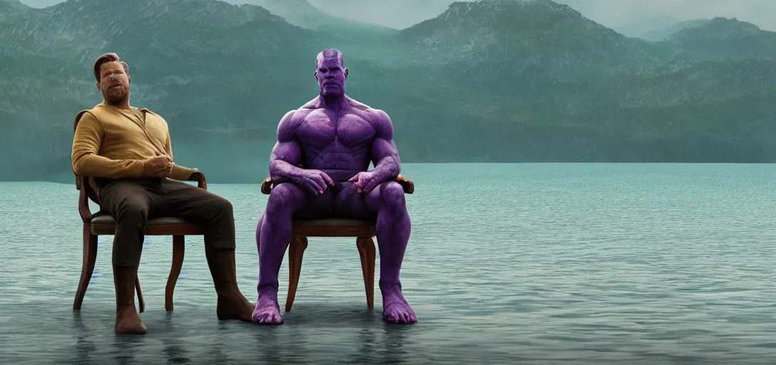 Image similar to a very high resolution image from a new movie. thanos sitting on chair in a lake, photorealistic, photography, directed by wes anderson