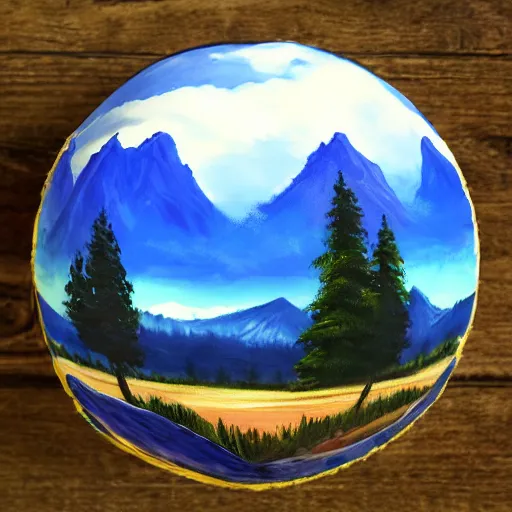 Prompt: a closeup photorealistic photograph of bob ross themed kenny powers baseball, painting on a canvas. mountains and trees. film still. brightly lit scene. this 4 k hd image is trending on artstation, featured on behance, well - rendered, extra crisp, features intricate detail, epic composition and the style of unreal engine.