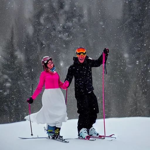 Image similar to happy couple skiing, snowfall, rococo