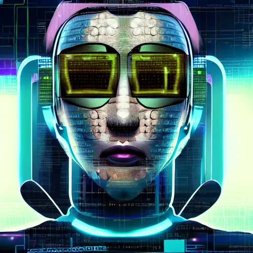 Prompt: a portrait of a cyberpunk artificial intelligence god