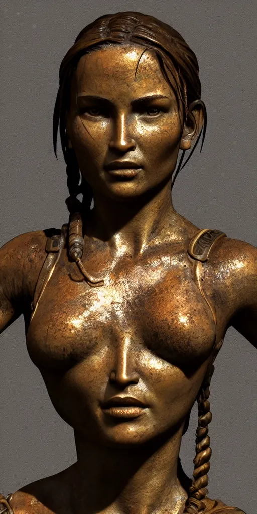 Image similar to detailed photo of an old bronze patina statue of beautiful lara croft, full body portrait, photorealism, intricate detail, museum diffuse lighting