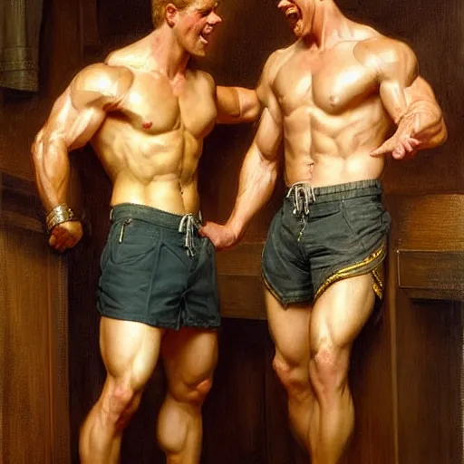 Image similar to attractive muscular maculine male with brunet hair and attractive muscular masculine male with blond hair. pants and shorts, drinking their hearts out, in a pub. highly detailed and very defined painting by j. c. leyendecker, gaston bussiere, craig mullins 8 k