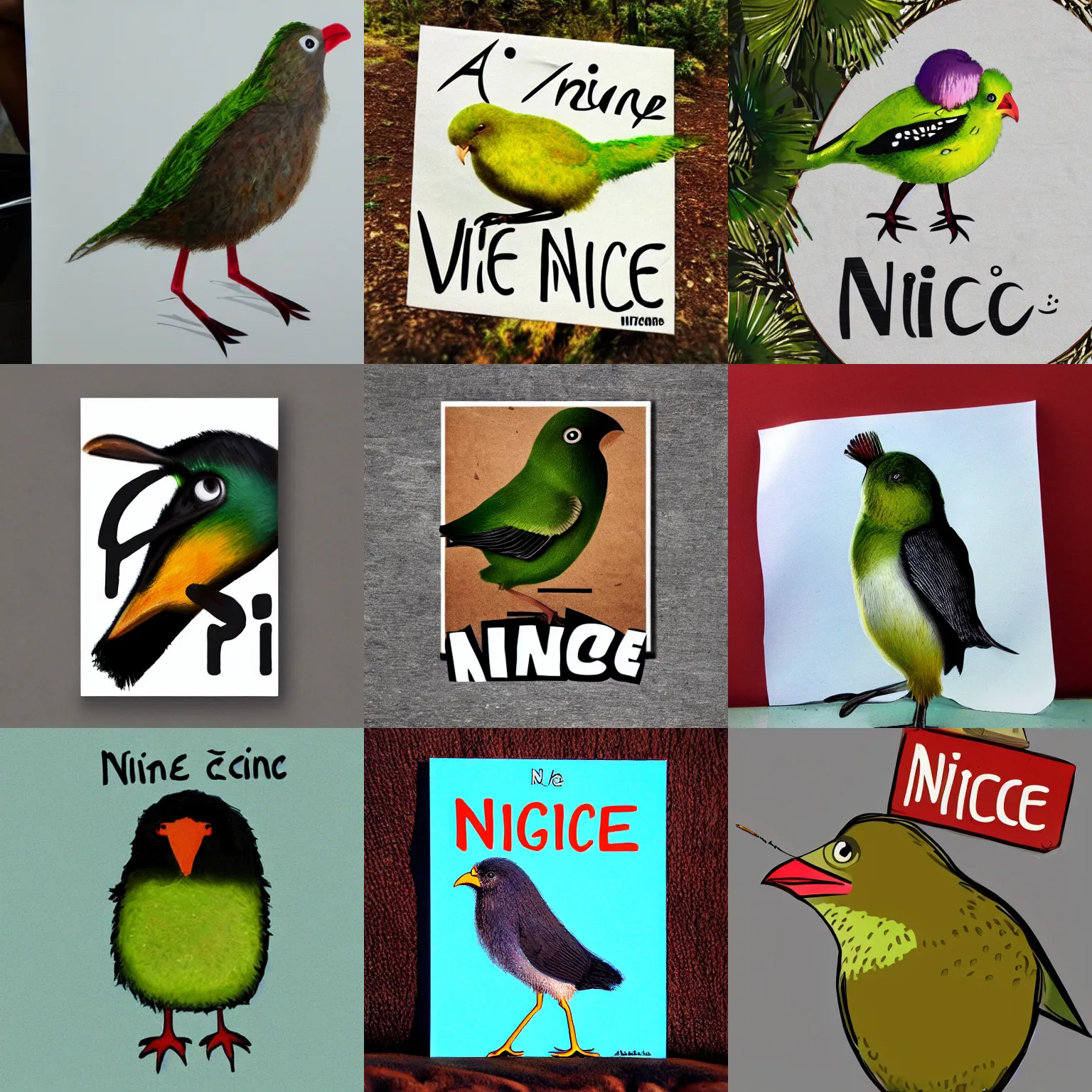 Prompt: a kiwi bird with a sign that says nice, high quality, artstation