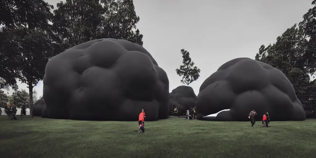 Prompt: huge matte black adult bouncy castle in big fruits form like a big puffer with seams, on the forest, style by anish kapoor, parts by shih chieh huang, warm soft light, shallow depth of field realistic, 8 k, hyperrealism, subsurface scattering, raytracing