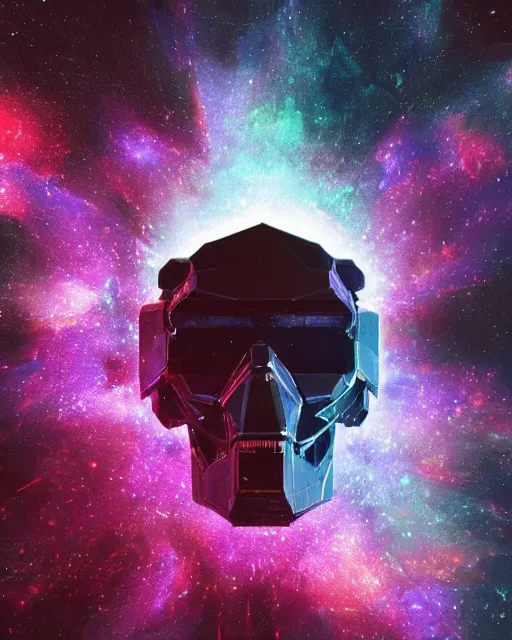 Image similar to brutalist galaxy encased inside a diamond gundam mecha skull floating in void hallucinating, an astronaut space pirate covered with black sticky extraterrestrial fluid, creative VFX, vhs glitch, laserdisc reflections, no text, HD octane render, volumetric lighting, magical atmosphere, cinematic, hyper-realistic, rendered with octane, hyper realistic, hyper detailed, surreal, futuristic, volumetric light, 8k