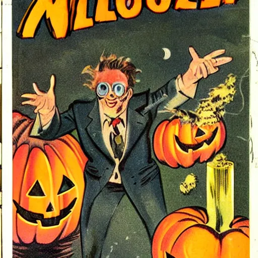 Prompt: Vintage Halloween Mad Scientist Comic Cover, Low Brow, Surreal