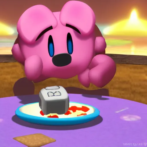 Image similar to kirby eating dinner with companion cube from the game portal, romantic, candlelight, realistic, source engine