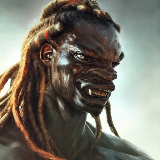 Image similar to A frontal portrait of The Predator with dreadlocks, by dreadjim, Greg Rutkowski, james gurney, epic scifi character art, Exquisite detail, post-processing, low angle view, masterpiece, cinematic