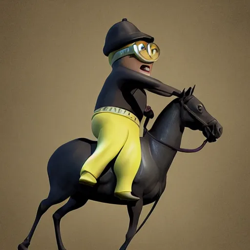 Image similar to minion riding a horse, 3 d digital art