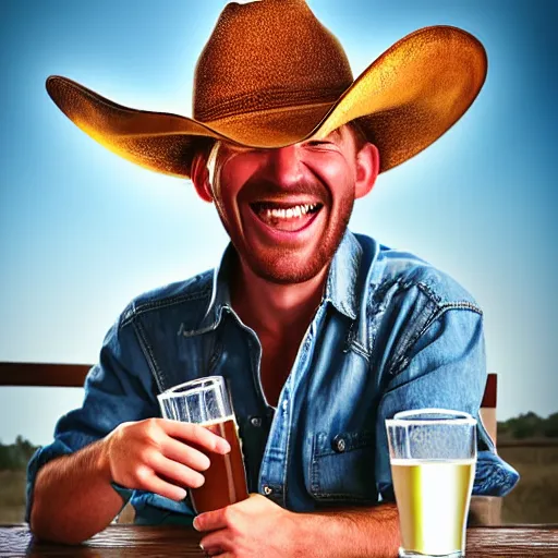 Image similar to epic portrait cinematic shot cowboy laughing and enjoy his drink of beer with friends, photography, realistic, detailed,