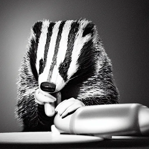 Image similar to photo of a badger eating a hot dog, dynamic lighting, high contrast