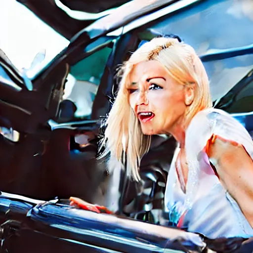 Image similar to petrol station expensive fuel blonde woman nice car cartoon style sunny weather close up shot surprised expression decent clothes