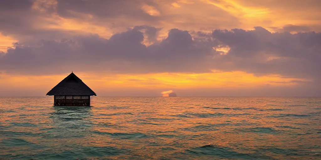 Prompt: floating sri lankan house in the sea, photography, evening sunset