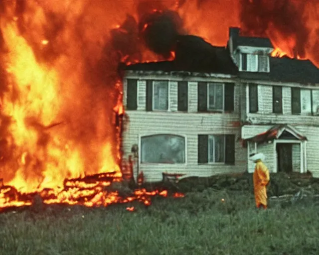 Prompt: a movie still from 'A Goose Set my House on Fire', 40mm tape, technicolour film, goose in foreground, housefire, letterboxing, widescreen