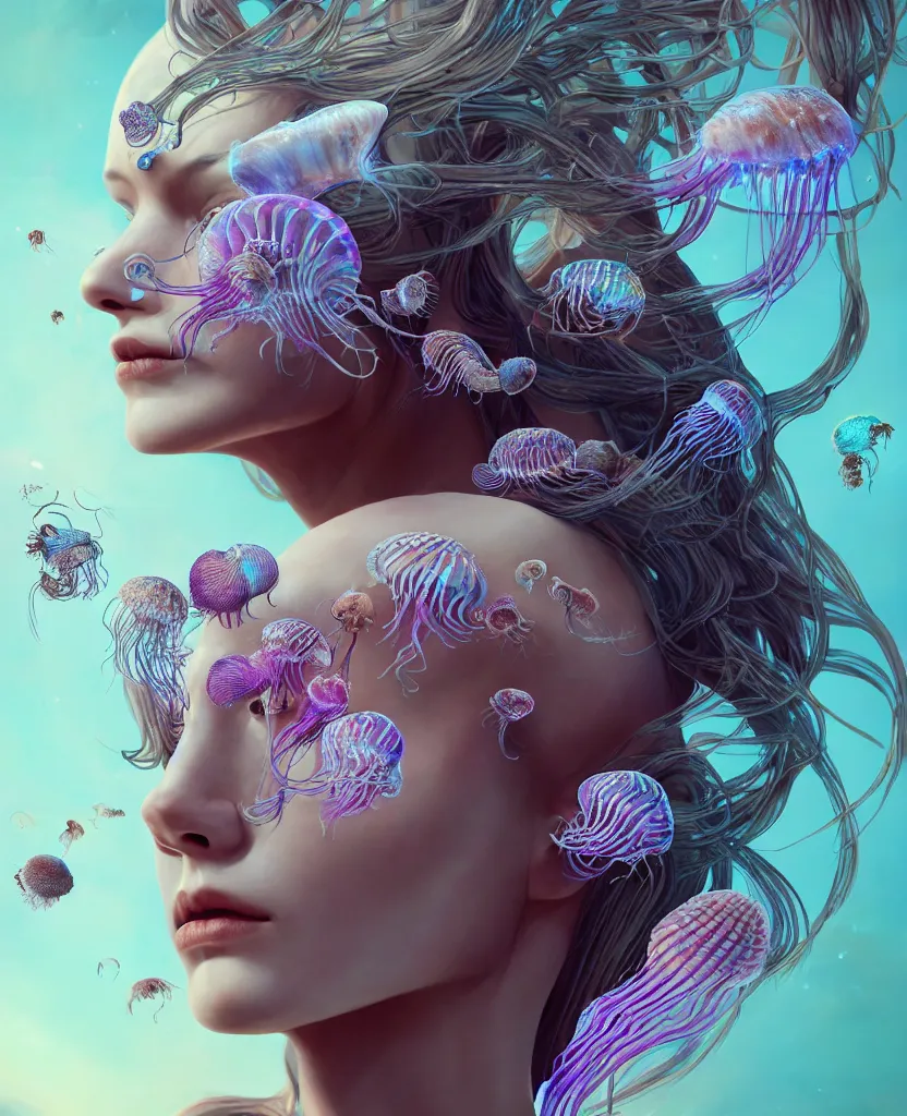 Image similar to goddess princess beautiful woman face close-up portrait ram skull. jellyfish phoenix head, nautilus, orchid, skull, betta fish, bioluminiscent creatures, intricate artwork by Tooth Wu and wlop and beeple. octane render, trending on artstation, greg rutkowski very coherent symmetrical artwork. cinematic, hyper realism, high detail, octane render, 8k