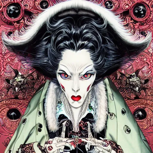 Image similar to portrait closeup of crazy cruella de vil, symmetrical, by yoichi hatakenaka, masamune shirow, josan gonzales and dan mumford, ayami kojima, takato yamamoto, barclay shaw, karol bak, yukito kishiro