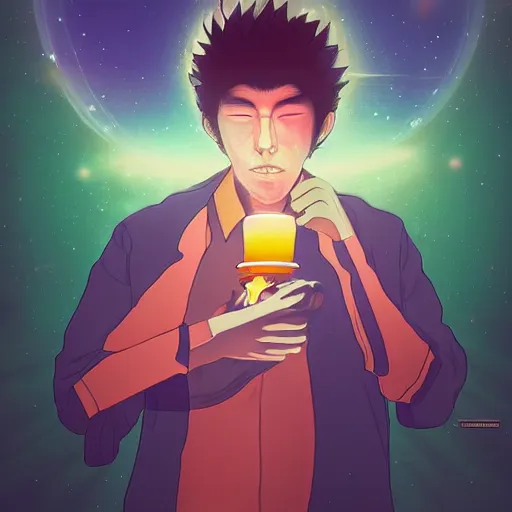 Image similar to A man drinking a cup of cosmic energy bright light by Masafumi Harada, 4k, digital art, surreal, anime style, space dandy style, highly detailed, godsend, artstation