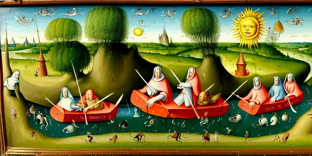 Image similar to A very detailed painting in the style of Hieronim Bosch featuring a river in Europe surrounded by trees and fields. A rubber dinghy is slowly moving through the water. Sun is shining