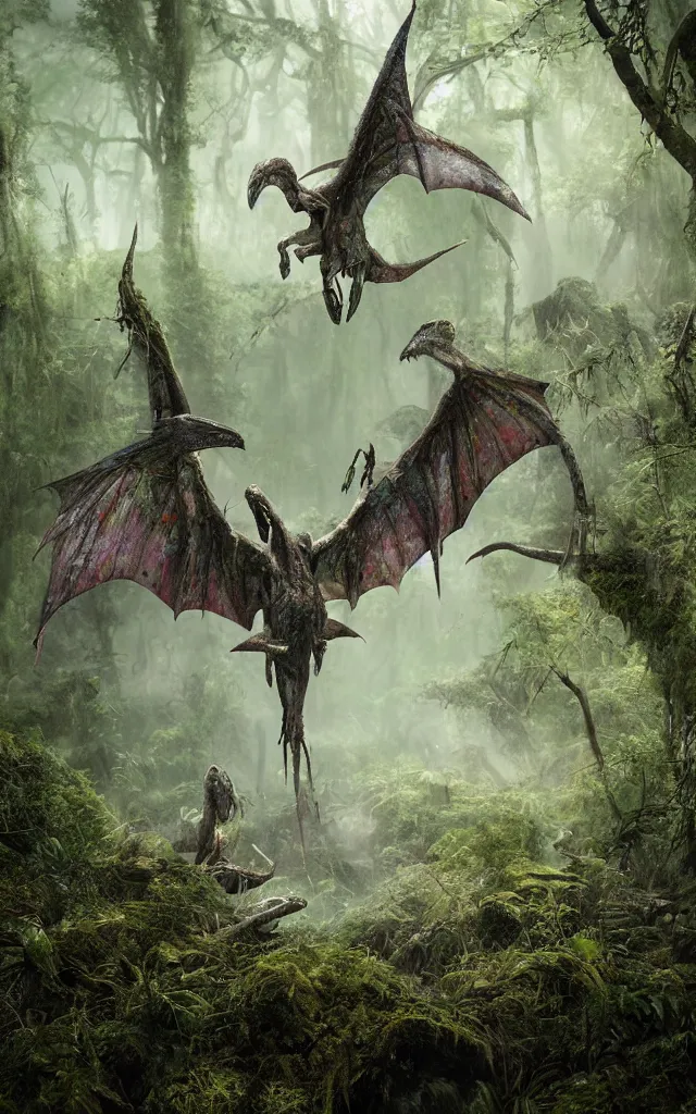 Image similar to rainbow dim pterodactyl hunt in a swamp by luis royo, moss and mud, photography, 3d octane render