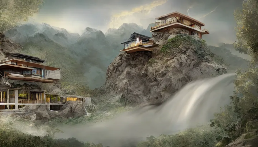 Prompt: a hydroelectric villa on the peak of a mountain, detailed matte painting, concept art