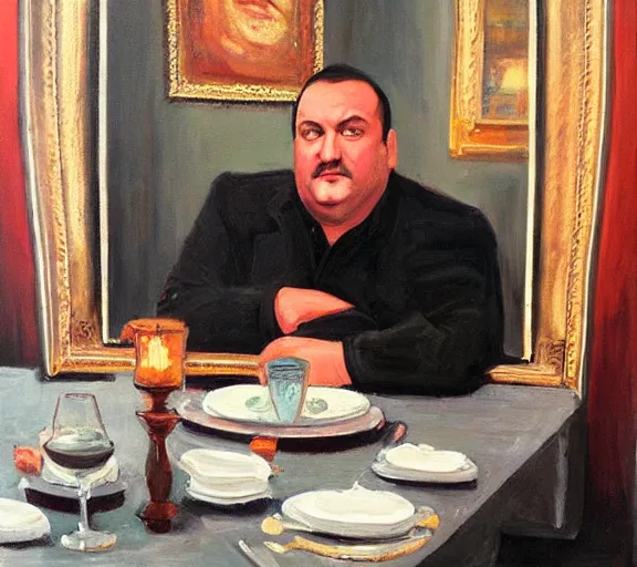 Image similar to framed portrait painting of tony soprano sitting at a mafia table