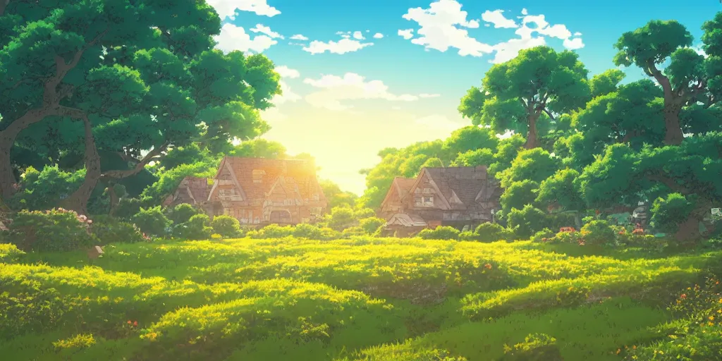 Image similar to anime screenshot wide-shot landscape with house in the garden, stone hedge, and meadow hill, forest on the horizont, beautiful ambiance, golden hour, studio ghibli style, by hayao miyazaki, sharp focus, highly detailed,