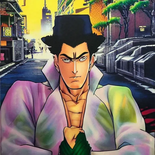 Image similar to a beautiful painting of jotaro with superpowers posing for a picture on a city street by hirohiko araki, detailed line art, jojos bizarre adventure