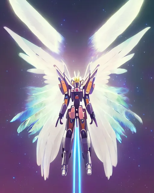 Image similar to highly detailed vfx portrait of an angelic gundam with wings of feathers beam saber fighting in space with a beam gun, unreal engine, greg rutkowski, loish, rhads, beeple, makoto shinkai and lois van baarle, ilya kuvshinov, rossdraws, tom bagshaw, alphonse mucha, global illumination, detailed and intricate environment