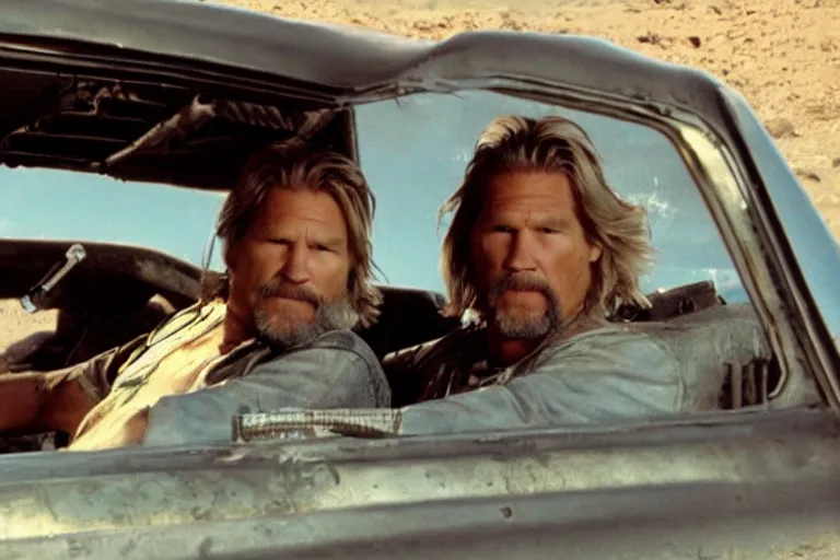 Image similar to Jeff Bridges sitting in the driver's seat in Mad Max Road Warrior, rusted, cobbled together Nissan R34 GTR, interior, screenshot, cinematic Eastman 5384 film