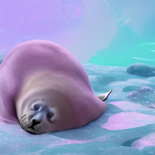 Image similar to Prince in pastel!!!!, A seal sleeping peacefully in a kelp forest, cinematic, hyper realistic, detailed, 8k, octane render.