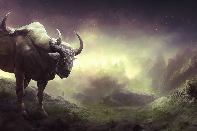 Image similar to taurus zodiac character concept art, digital painting, mixed media, trending on artstation and deviantart, epic composition, magnum opus, highly detailed, 8 k