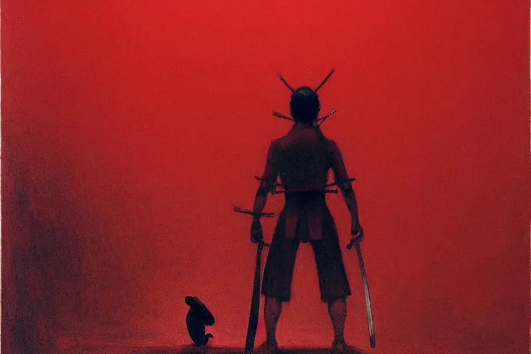 Image similar to only with red, a red samurai harakiri, tokio, a lot of frogs watch, in the style of beksinski, parts by edward hopper, parts by rodcenko, parts by yue minjun, intricate and epic composition, red by caravaggio, insanely quality, highly detailed, masterpiece, red light, artstation, 4 k