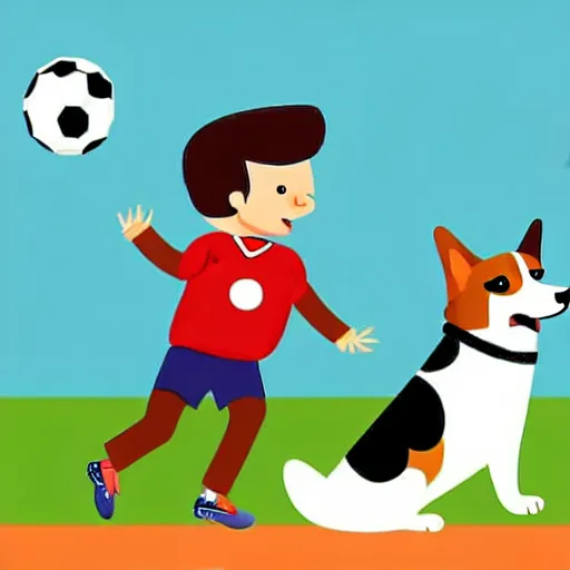 Image similar to illustration of french boy playing football with a corgi wearing a polka dot scarf in paris