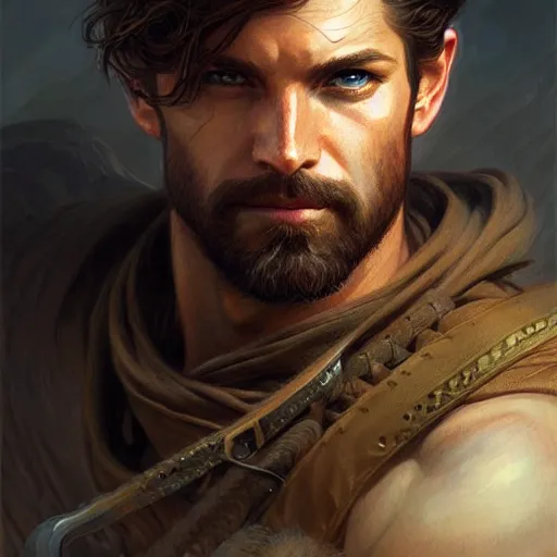 Image similar to Portrait of rugged male ranger, D&D, amber eyes, face muscular, fantasy, intricate, elegant, highly detailed, digital painting, artstation, concept art, smooth, sharp focus, illustration, art by artgerm and greg rutkowski and alphonse mucha