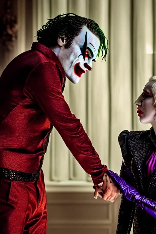 Image similar to joaquin phoenix joker with harley queen lady gaga, photorealistic, smooth, 4 k, aesthetic lighting, baroque object, sharp focus, hyperdetailed, professional photography, pullitzer winning, 8 0 0 photo by : canon eos 5 d mark iv, by karah mew and adnan abidi and jodie bateman