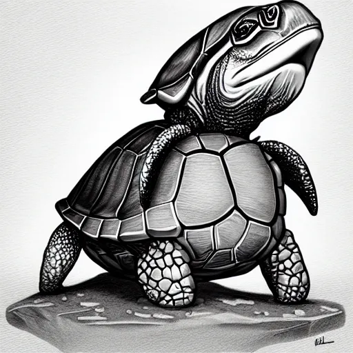 Image similar to a smug, unnamused turtle, sitting by a rock by android jones