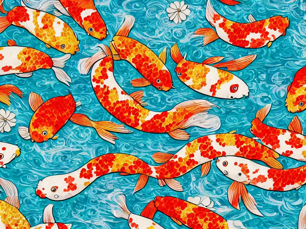 Image similar to colorful koi carp collage illustration pattern, tiny, small, miniature, short, cute and adorable, digital painting, highly detailed, intricate, elegant, artstation, concept art, colorful, beautiful, studio ghibli, aoshima chiho, takashi murakami, manga, cute and adorable