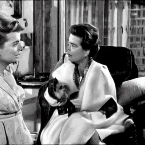 Prompt: a guinea pig talking with Ingrid Bergman in the movie Casablanca