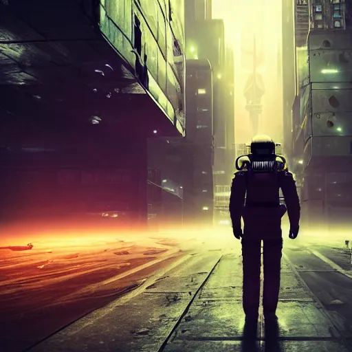 Prompt: astronaut wandering around a cyberpunk dystopian gotham city, 3d 8k render, foggy and atmospheric, night, starry sky, glowing lights, photorealism, unreal engine,