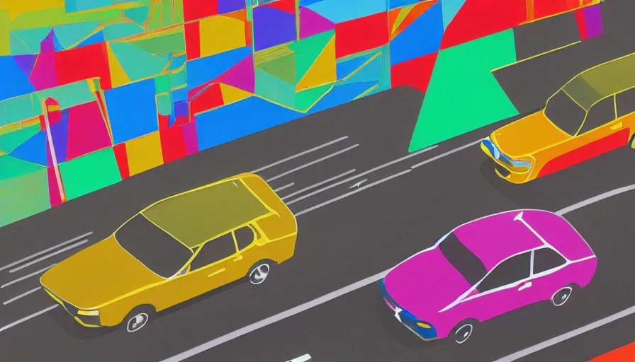 Prompt: a geometric, colourful, painting of a car driving down a highway