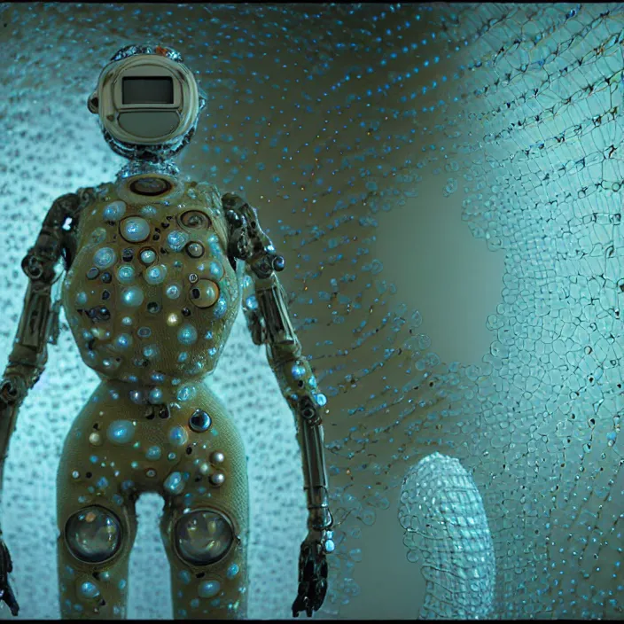 Image similar to a cybernetic symbiosis of a single astronaut mech-organic eva suit made of pearlescent wearing knitted shiny ceramic multi colored yarn thread infected with diamond 3d fractal lace iridescent bubble 3d skin dotted covered with orb stalks of insectoid compound eye camera lenses floats through the living room, film still from the movie directed by Denis Villeneuve with art direction by Salvador Dalí, wide lens,kevlar,carbon fiber,ceramics,gaseous materials,