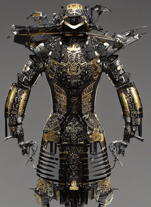 Image similar to hyper realistic glorious ancient katana sword in a obsidian metal armor, futuristic design, designed by makoto kobayashi and luca zampriolo, portrait, cyberpunk style, wood and gold details, intricate, extremely detailed, ornate, deep of field, hard surface, exoskeleton, substance designer metal unreal engine. amazing likeness. very detailed.