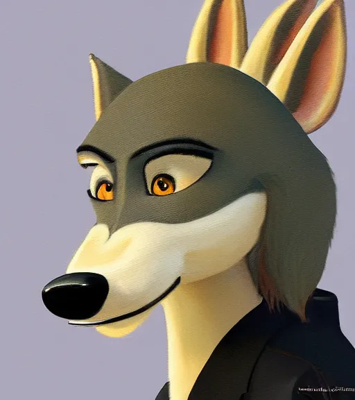 Image similar to oil painting bust of anthromorphic female wolf, in style of zootopia, zootopia, zootopia, fursona, furry, furaffinity, 4 k, deviantart, furry art, fursona art, wearing black business suit, business suit, in style of zootopia, wolf fursona, cyberpunk, female, expressive detailed feminine face,