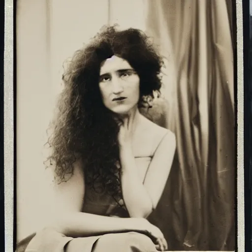 Image similar to tintype, smoke offhand by ossip zadkine. a beautiful photograph of a woman with long curly hair, wearing a white dress & sitting in a chair in front of a window with a view of a mountainside.