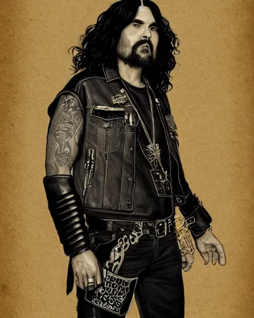 Prompt: Russel Brand in sons of anarchy tv show, wearing leather, D&D style , highly detailed, digital art, trending on artstation, smooth, sharp focus, illustration, art by artgem and ROBERT HYNES