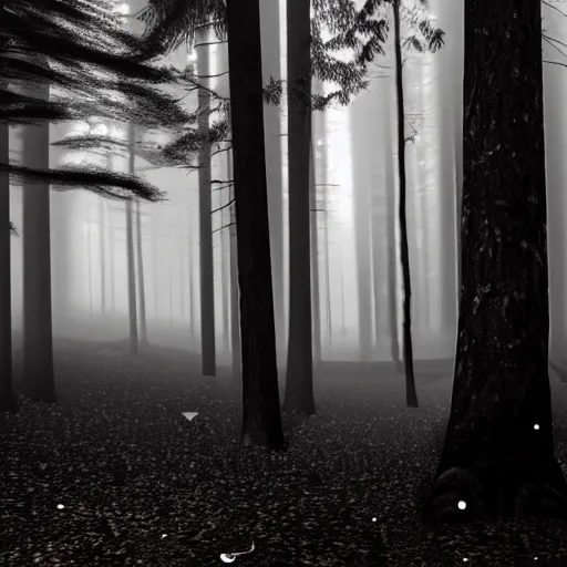 Image similar to hundreds of shadow people hidden in forest, staring with glowing white eyes, hyperrealistic, 8k, extremely detailed, black and white, foggy, grainy, very old